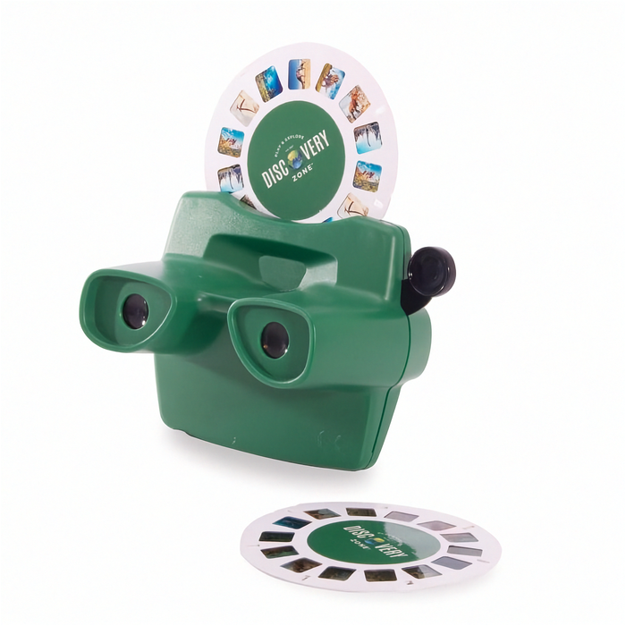 Green View-Master with two reels on a white background