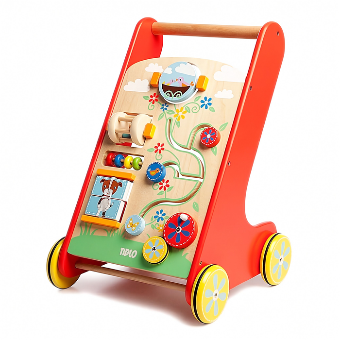 Children's wooden activity walker with colorful wheels and interactive elements on a white background
