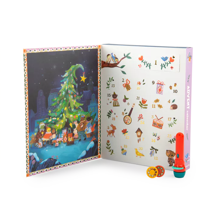Open advent calendar Christmas-themed illustrations and a storybook torch on a white background.
