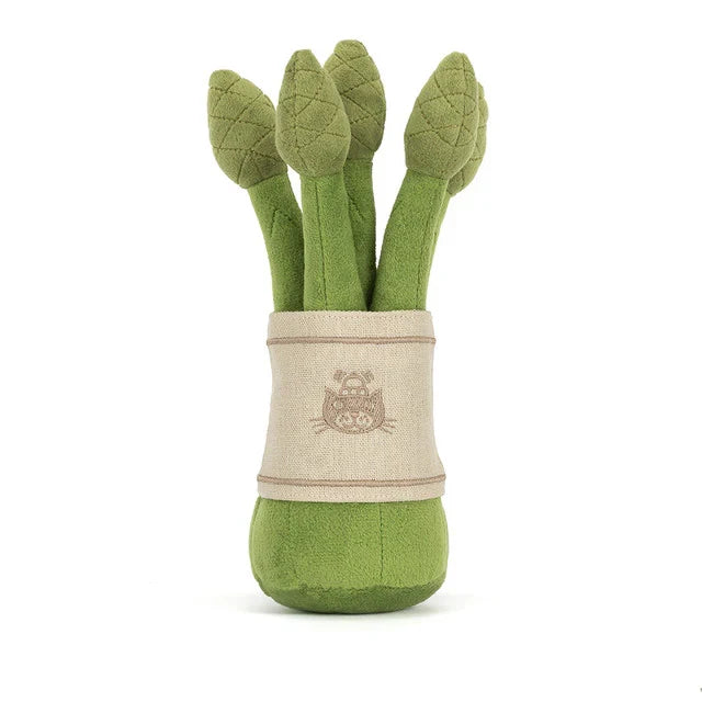 Plush green Jellycat Asparagus soft toy on a white background