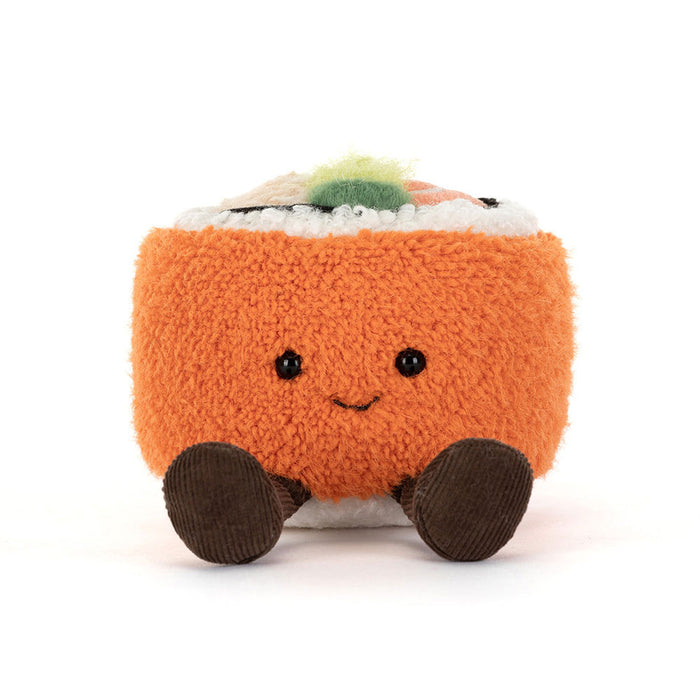 Plush toy shaped like a roll of sushi on a white background