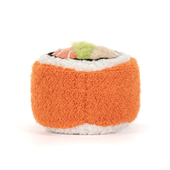 Plush toy shaped like a roll of sushi on a white background