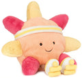 Plush toy sun with a smiling face, pink and yellow accents on a white background