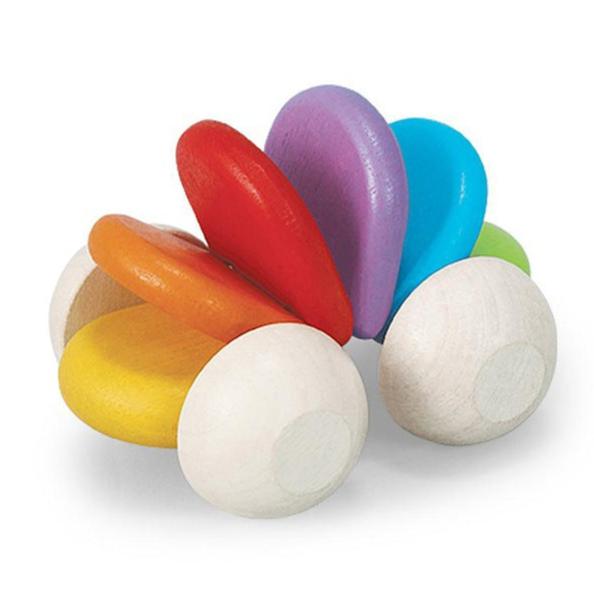 A colorful wooden baby toy car with red, blue, orange, and yellow parts, and white wheels.