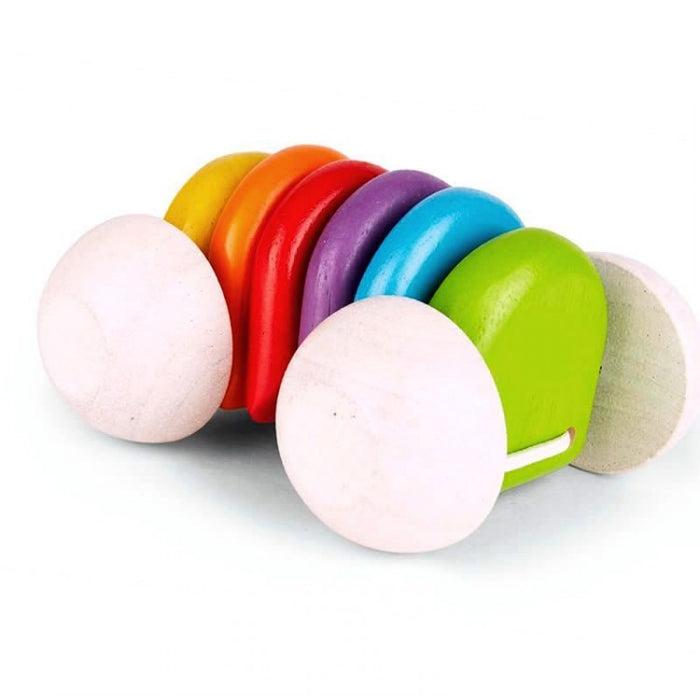 A colorful wooden baby toy car with red, blue, orange, and yellow parts, and white wheels.