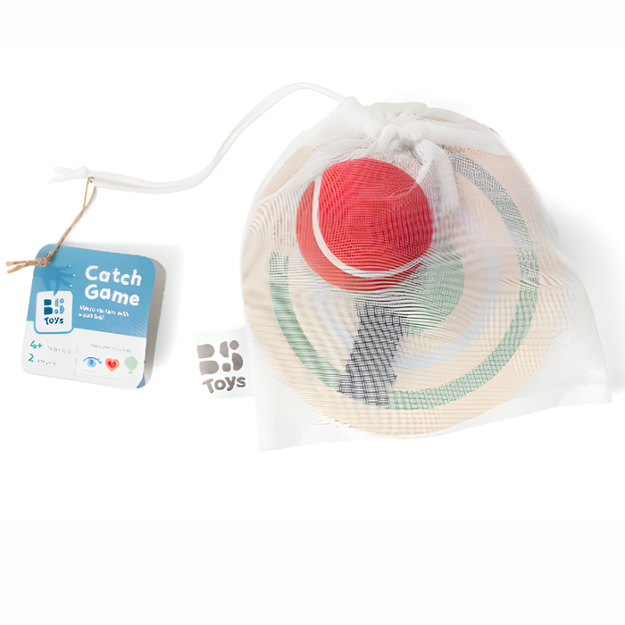 Toy net with a red ball and a label on a white background