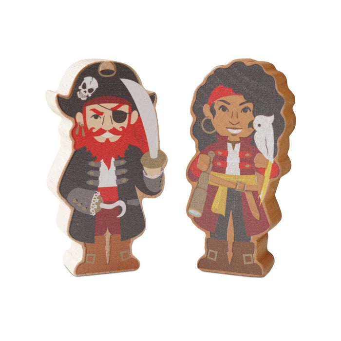 Two wooden pirate figures on a white background