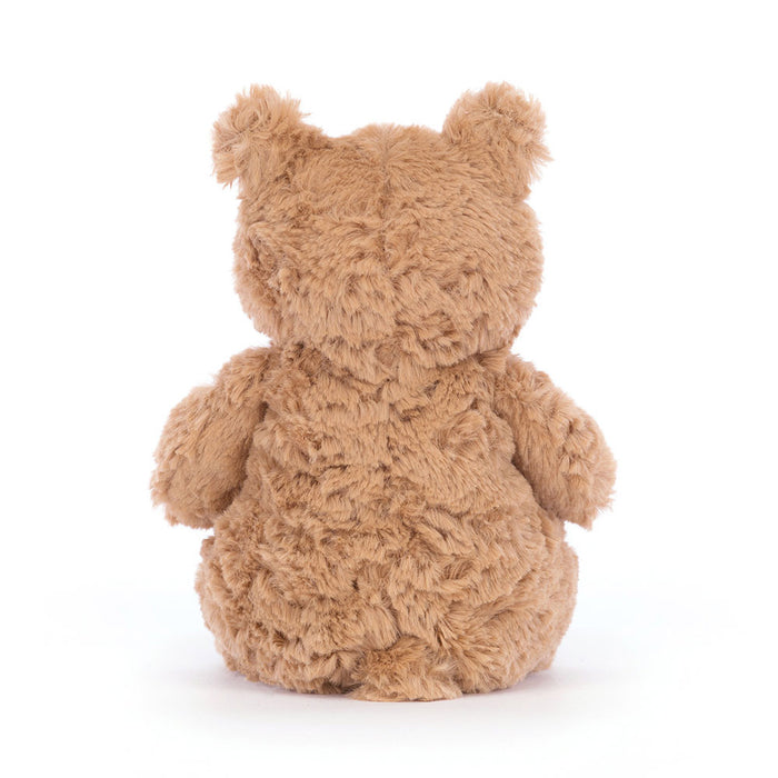 Back view of a brown teddy bear on a white background