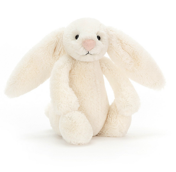 White plush Jellycat bunny toy on a white background