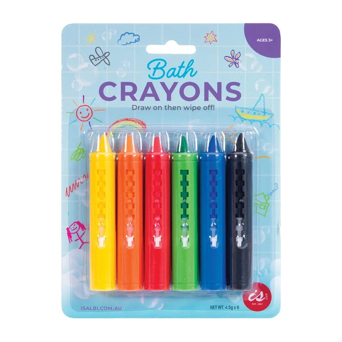 Packaging of bath crayons with colorful crayon sticks and a wiper on a blue background.
