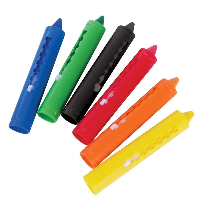 Set of six colorful bath markers on a white background