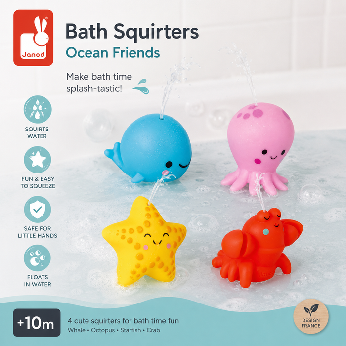 Bath squirters with ocean-themed characters on a white background