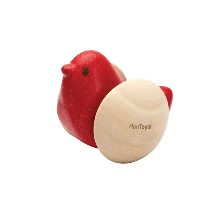 Wooden toy bird with a red body on a white background, branded 'PlanToys'.