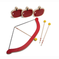 Toy bow and arrow set with three red apples and two yellow darts on a white background