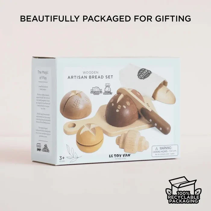 Wooden artisan toy bread set packaging with branding and recyclable packaging label.