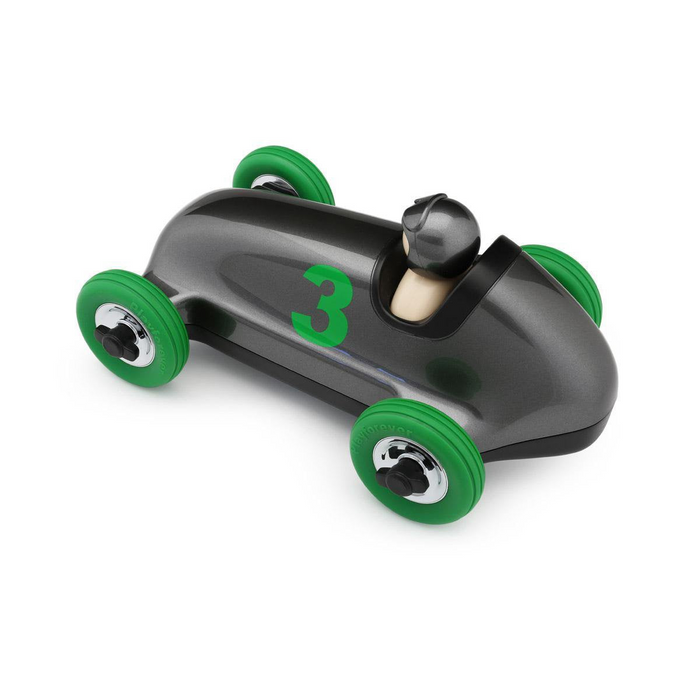 Toy car with green wheels and number 3 on a white background