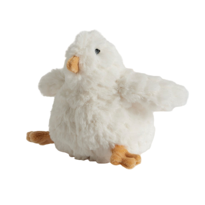 White plush duck toy with brown feet on a white background