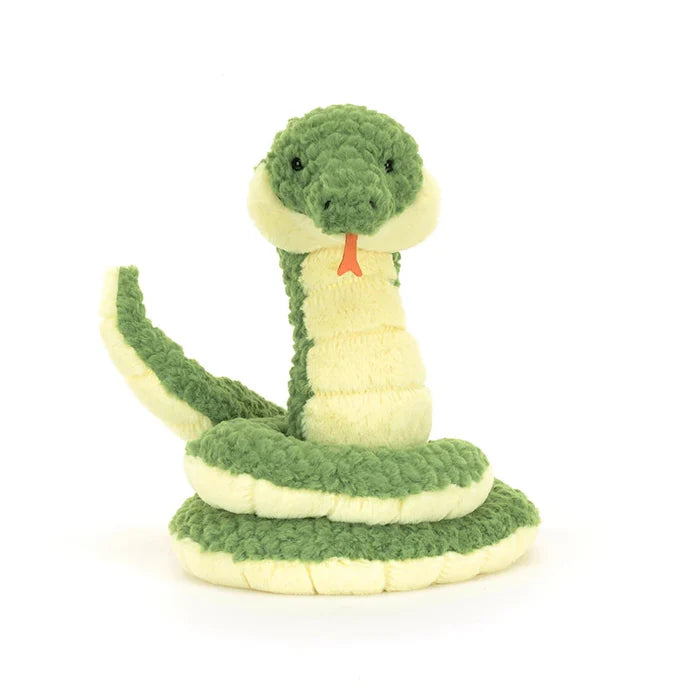 A plush toy resembling a snake with forest green and pale-yellow fur, soft textured scales, and a smiling face.
