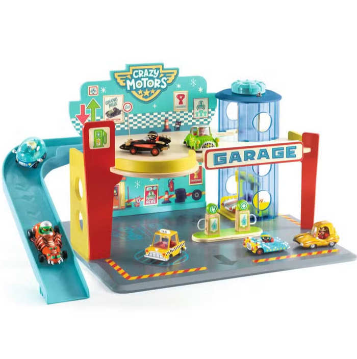 A colorful wooden garage toy set featuring Crazy Motors branding, with a ramp, lift, and various toy cars.