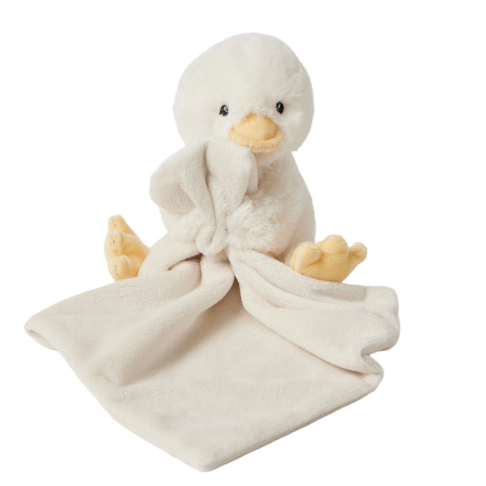 Cream duck soft toy, yellow beak, holding small blanket