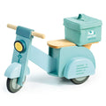 Blue wooden oy scooter with a box on a white background