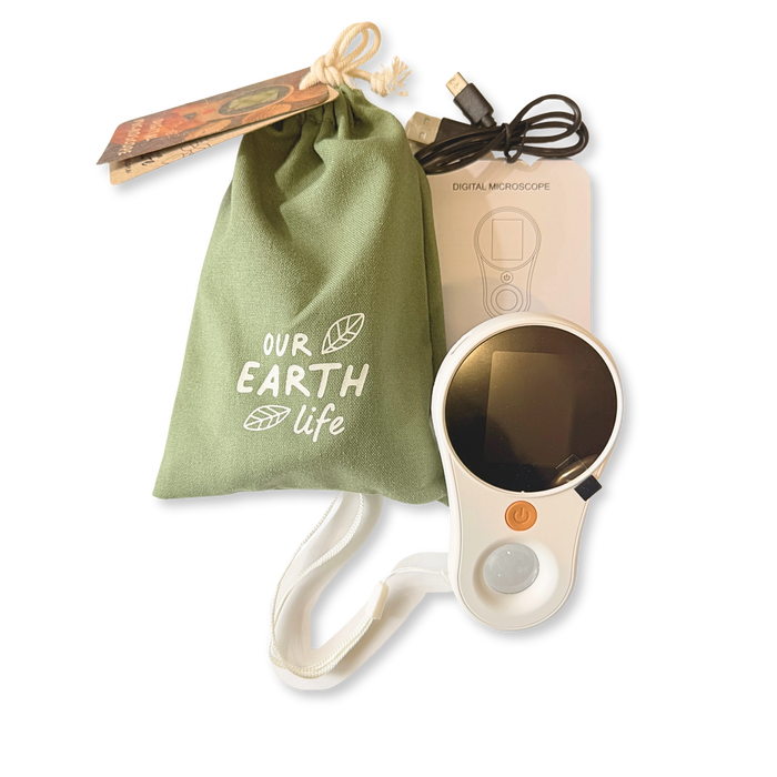 Digital microscope with carrying pouch labeled 'Our Earth Life' on a white background