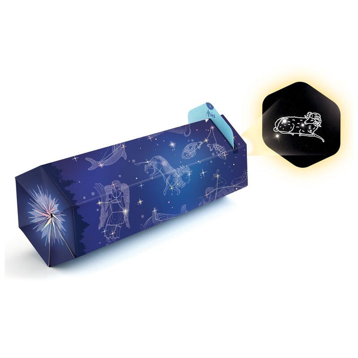 Constellation Viewer made of blue cardboard, printed with white constellation images.