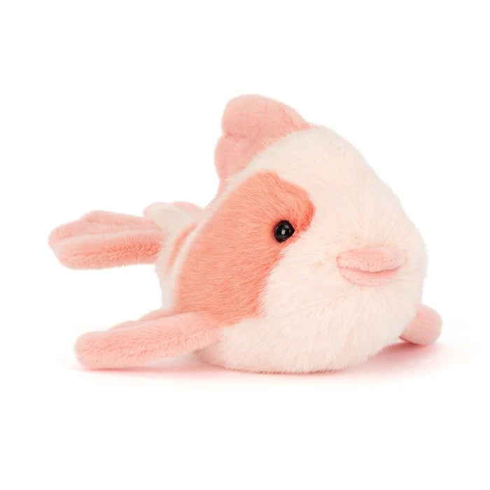 Plush fish toy with pink and white colors on a white background
