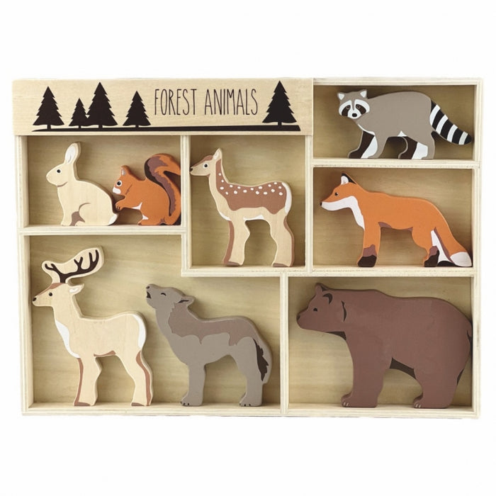 Wooden playset featuring various forest animal figures, including a deer, bear, and fox, displayed in a wooden box.