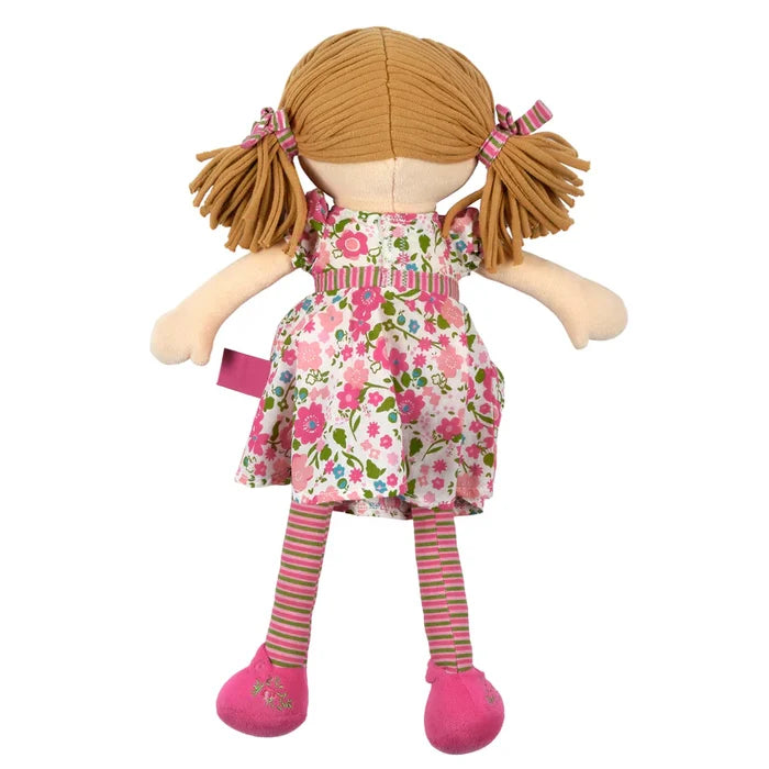 Toy doll with a floral dress and striped socks on a white background