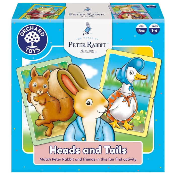 Orchard Toys Peter Rabbit 'Heads and Tails' game packaging with cartoon characters on a blue background.