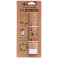 Childs cardboard kaleidoscope with flower illustrations, attached to a cardboard retail card.