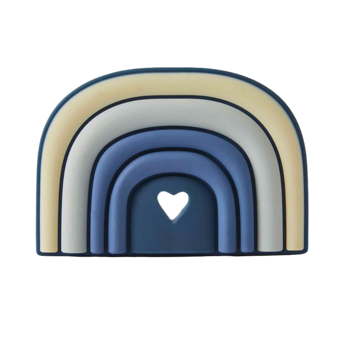 A silicone teether with a rainbow design, featuring various colors and a heart-shaped detail.