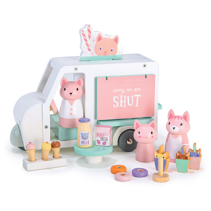 Toy ice cream truck with pink cat characters and various toy items on a white background