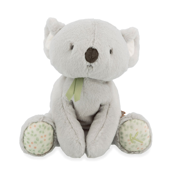 Sitting grey koala soft toy on a white background