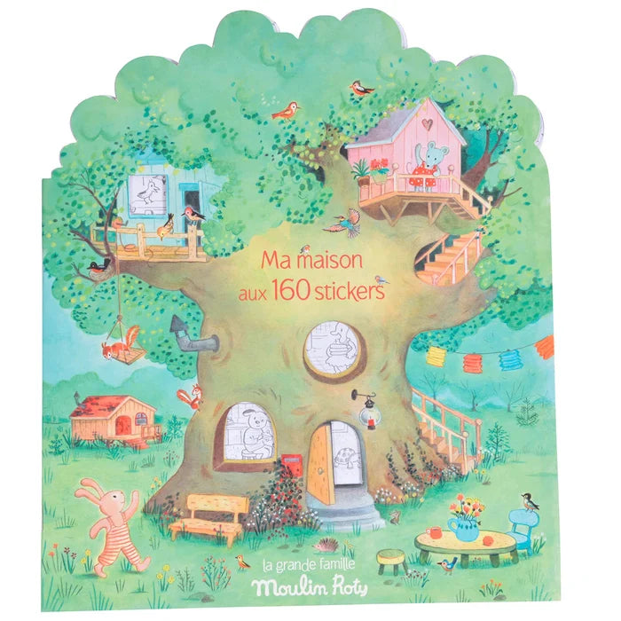 Children's book cover with a treehouse illustration and text 'Ma maison aux 160 stickers' on a white background.