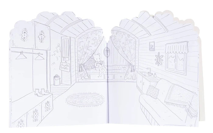 A children's coloring book or activity booklet featuring black and white line art illustrations of cozy interior rooms, including a bedroom, living room, and kitchen, on a white background.