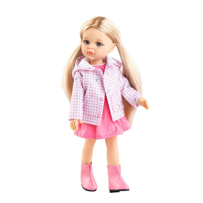 A blonde doll with blue eyes wearing a pink dress, a pink and white gingham jacket, and pink boots, standing against a plain white background.