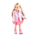A blonde doll with blue eyes wearing a pink dress, a pink and white gingham jacket, and pink boots, standing against a plain white background.