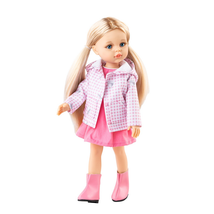 A blonde doll with blue eyes wearing a pink and white gingham jacket, a pink dress, and pink boots, standing against a plain white background.