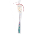 A green magic wand made of plastic/acrylic tube with a clear gel and green glitter, presented in a tulle bag with a satin ribbon.
