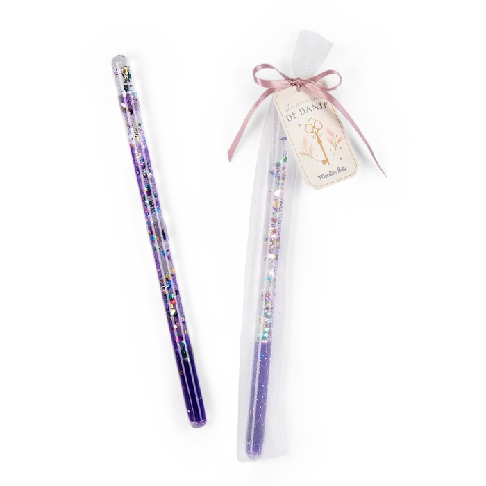 Giltter magic wand toy with a clear tulle bag and ribbon on a white background