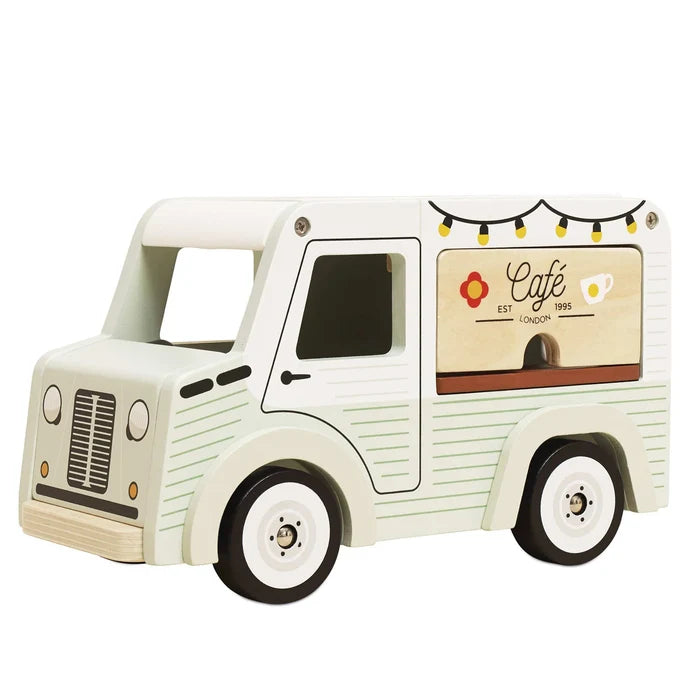 Wooden toy ice cream truck with a 'Cafe' sign on a white background