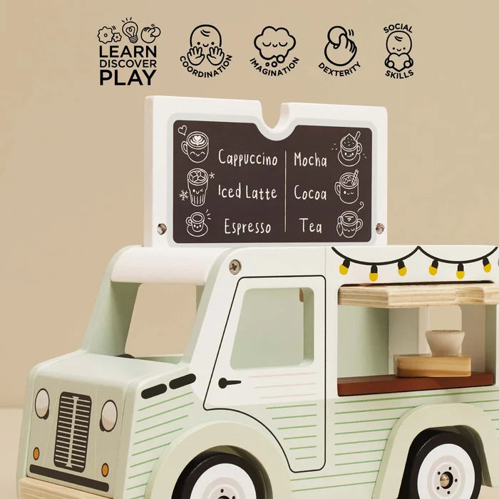 Toy ice cream truck with a chalkboard menu on a beige background, featuring educational icons above.