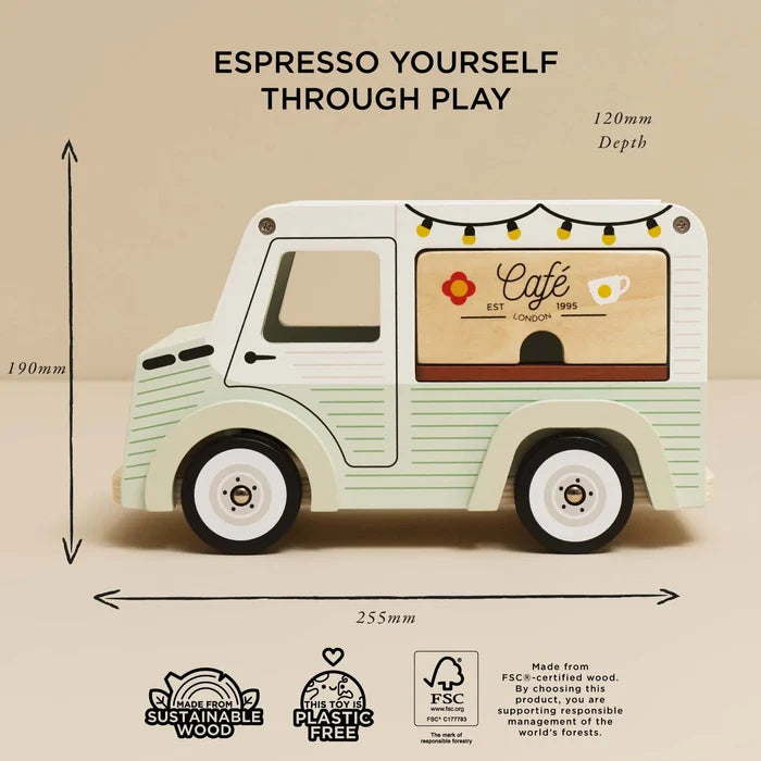 A wooden toy espresso truck with a retro design, shown with dimension markings (190mm height, 120mm depth, 255mm width) and sustainability badges on a beige background.