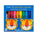 Set of 10 felt-tip pens in various colors with tiger faces on a blue packaging, featuring the brand 'Moulin Roty'.