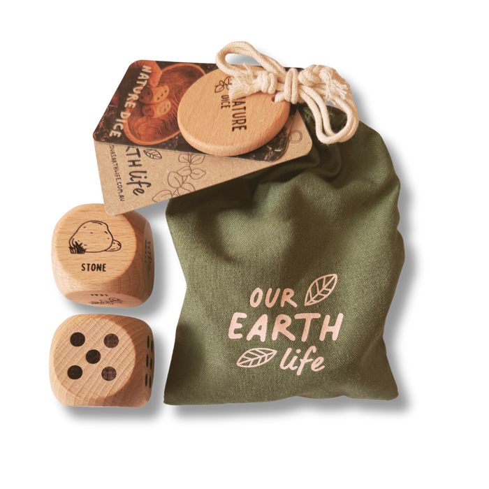Wooden dice set with a green drawstring bag labeled 'Our Earth Life' on a white background.