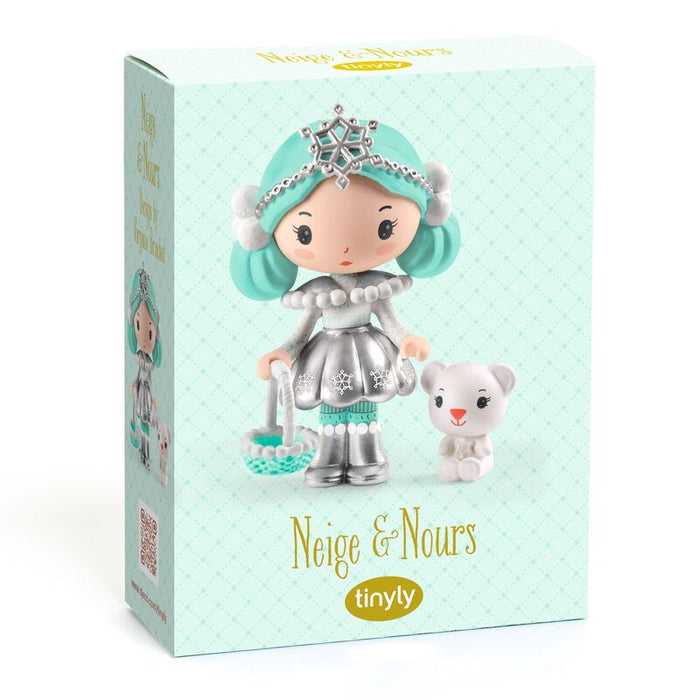 Toy figure with turquoise hair and silver outfit on a light blue box with 'tinyly' branding