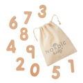 Wooden pieces representing Numbers  0 to 9 with  a calico drawstring storage bag.