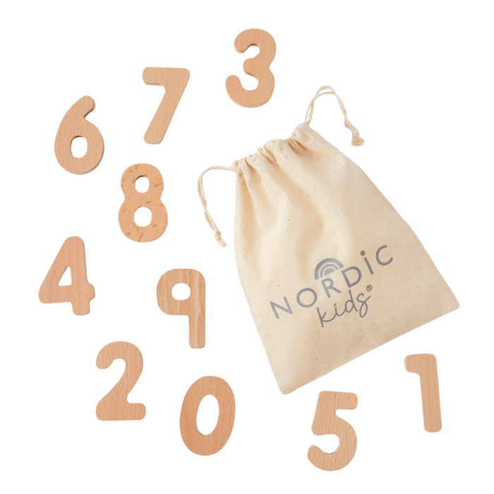 Wooden pieces representing Numbers  0 to 9 with  a calico drawstring storage bag.